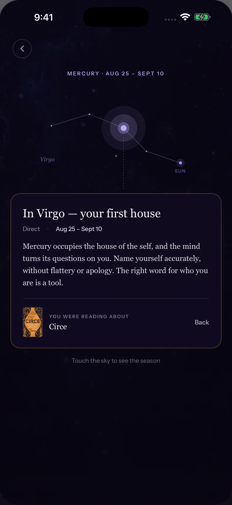 Starlit sky view showing Mercury in Virgo and the seasonal reflection behind a book recommendation.