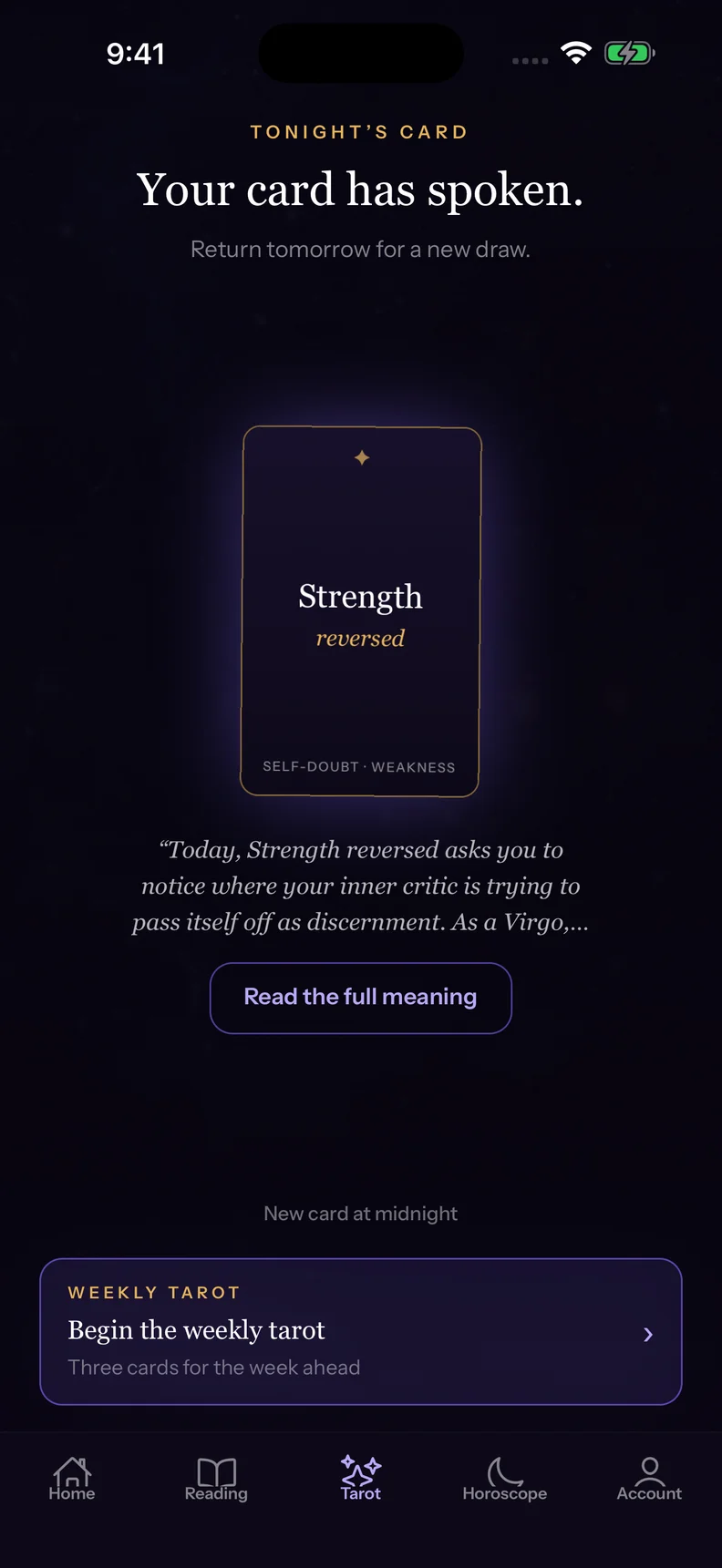 Starlit daily tarot with a Strength card and an entry to the weekly three-card ritual.